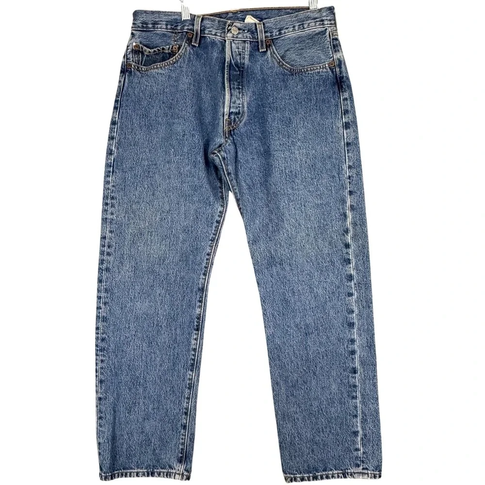 Levis 501 Jeans Mens 34 Blue Medium‎ Wash Straight Button Fly Denim Fits 34x29